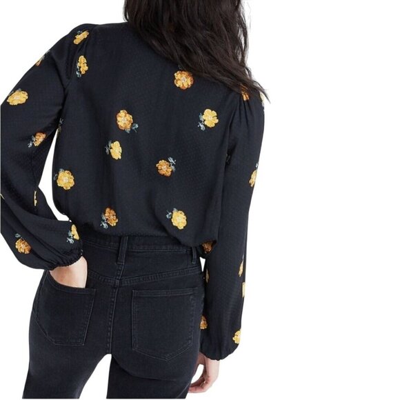 Madewell Bubble Sleeve Wrap Top In Floating Florets Black Gold Size S - Picture 4 of 10